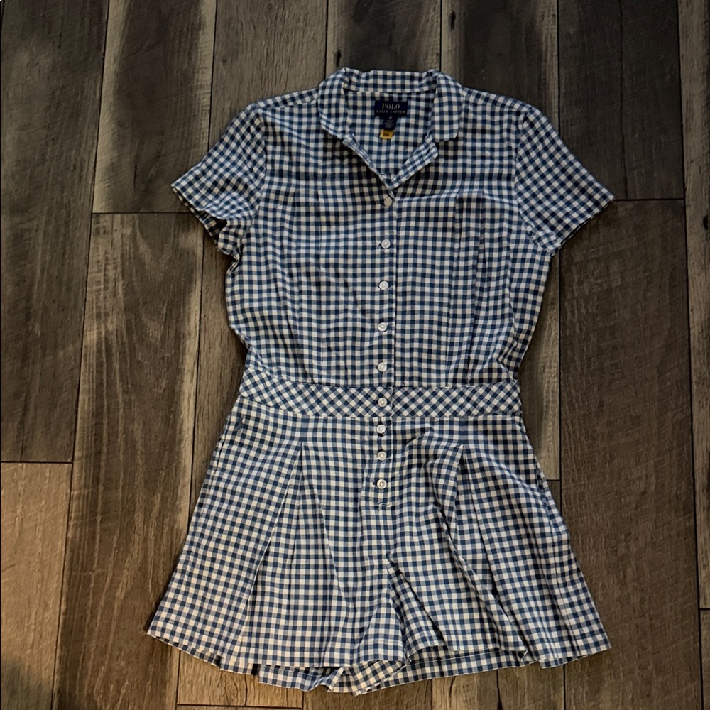 Ralph Lauren Blue and White Gingham Short Sleeve Romper